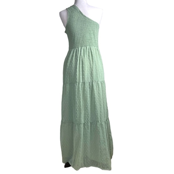 Zattcas One shoulder Sage Green Maxi Dress Smocked top Swiss Dot skirt Size L - Picture 4 of 9